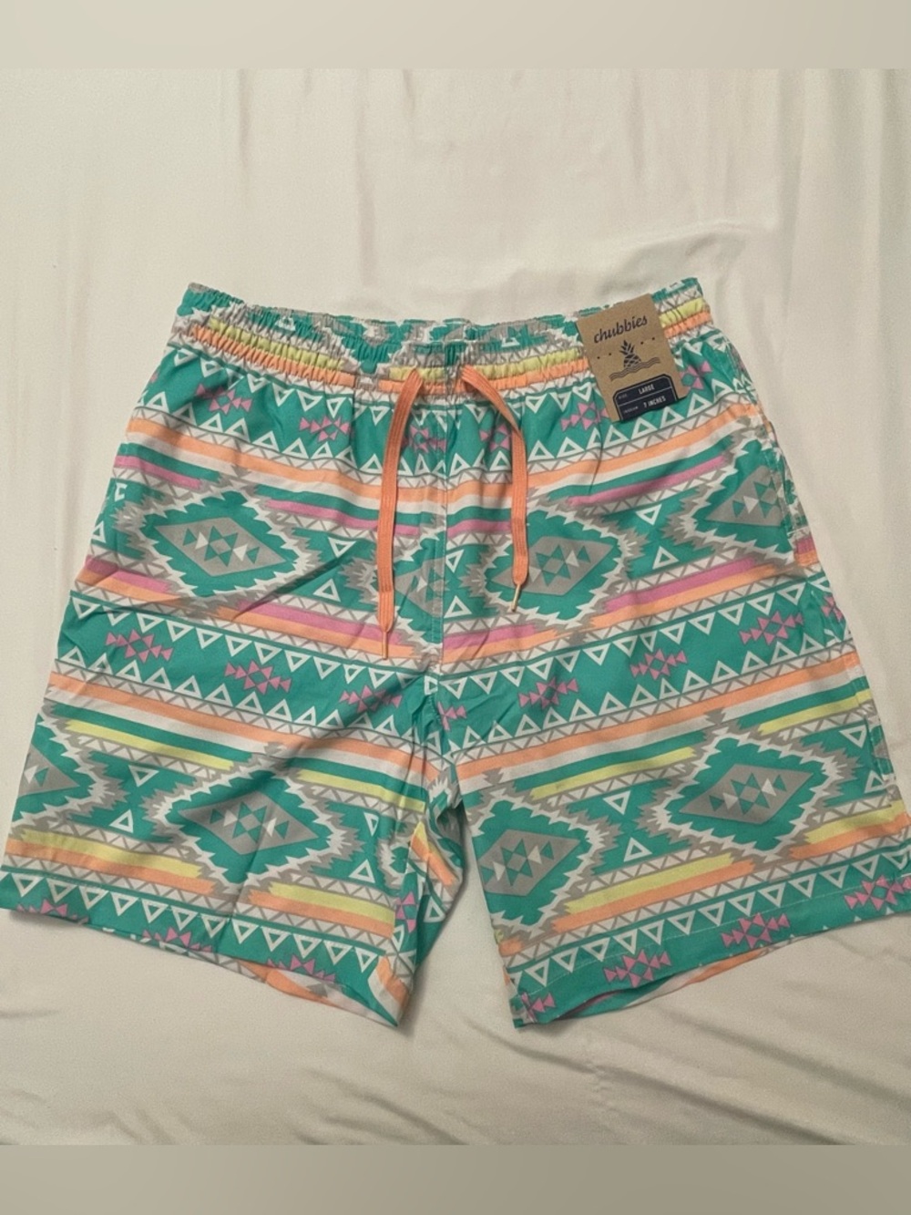 NEW Chubbies Teal Aztec-Pattern Swim Trunks with Coral Drawcord